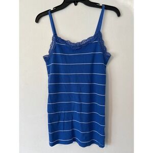 Y2K Vintage Women's Blue Striped Lace Trimmed Cami Tank Top M Adjustable‎ Straps